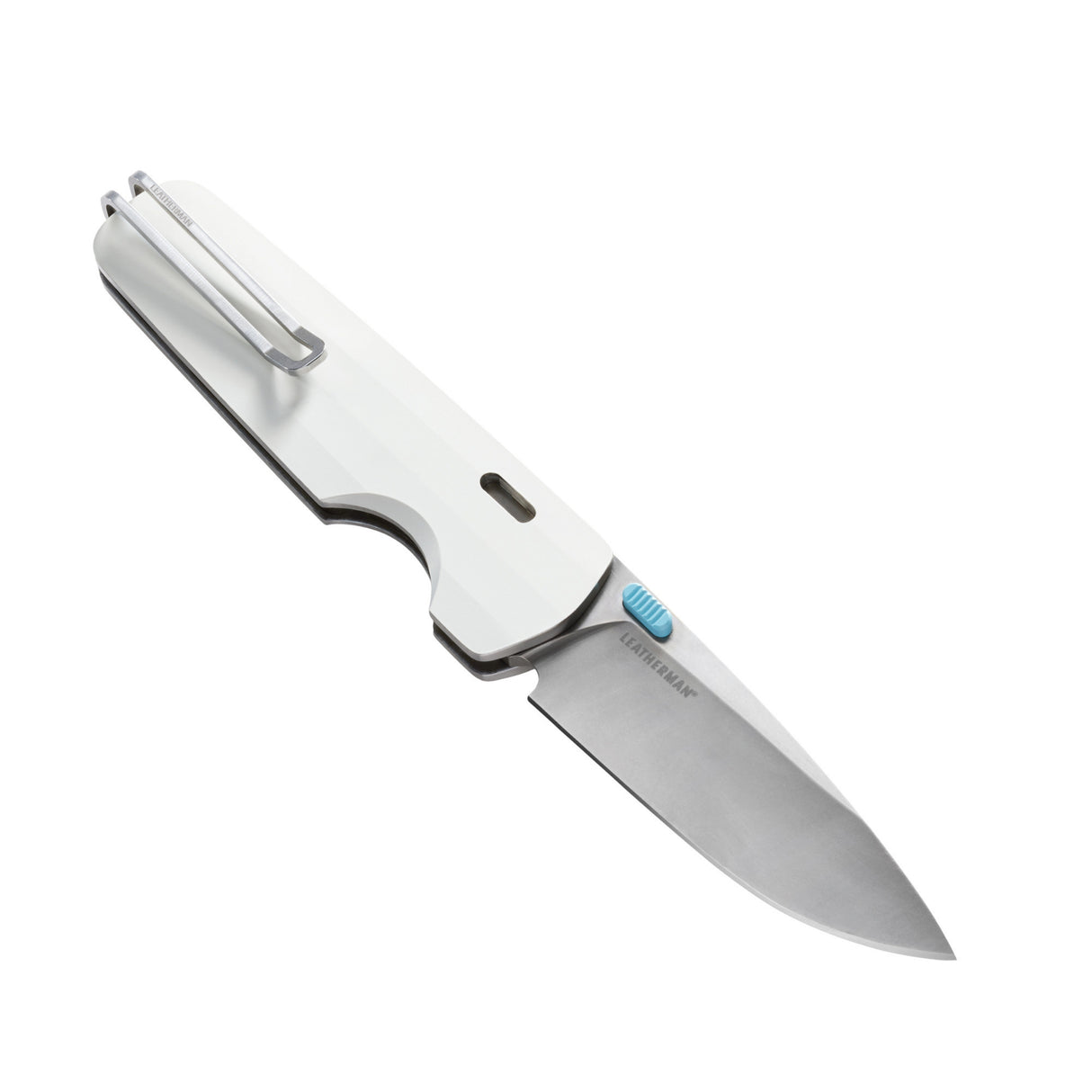 Translation missing: en.Leatherman Blazer Alpine folding knife shown open at an angle with a white handle, stainless steel blade, and deep-carry pocket clip, displayed on a white background