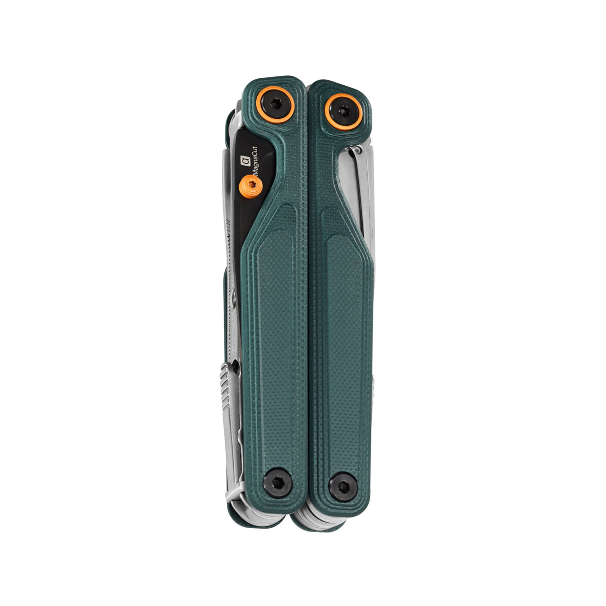 Translation missing: en.Leatherman Wave® Alpha Cascadia multi-tool folded closed, showcasing dark green handles with orange hardware accents