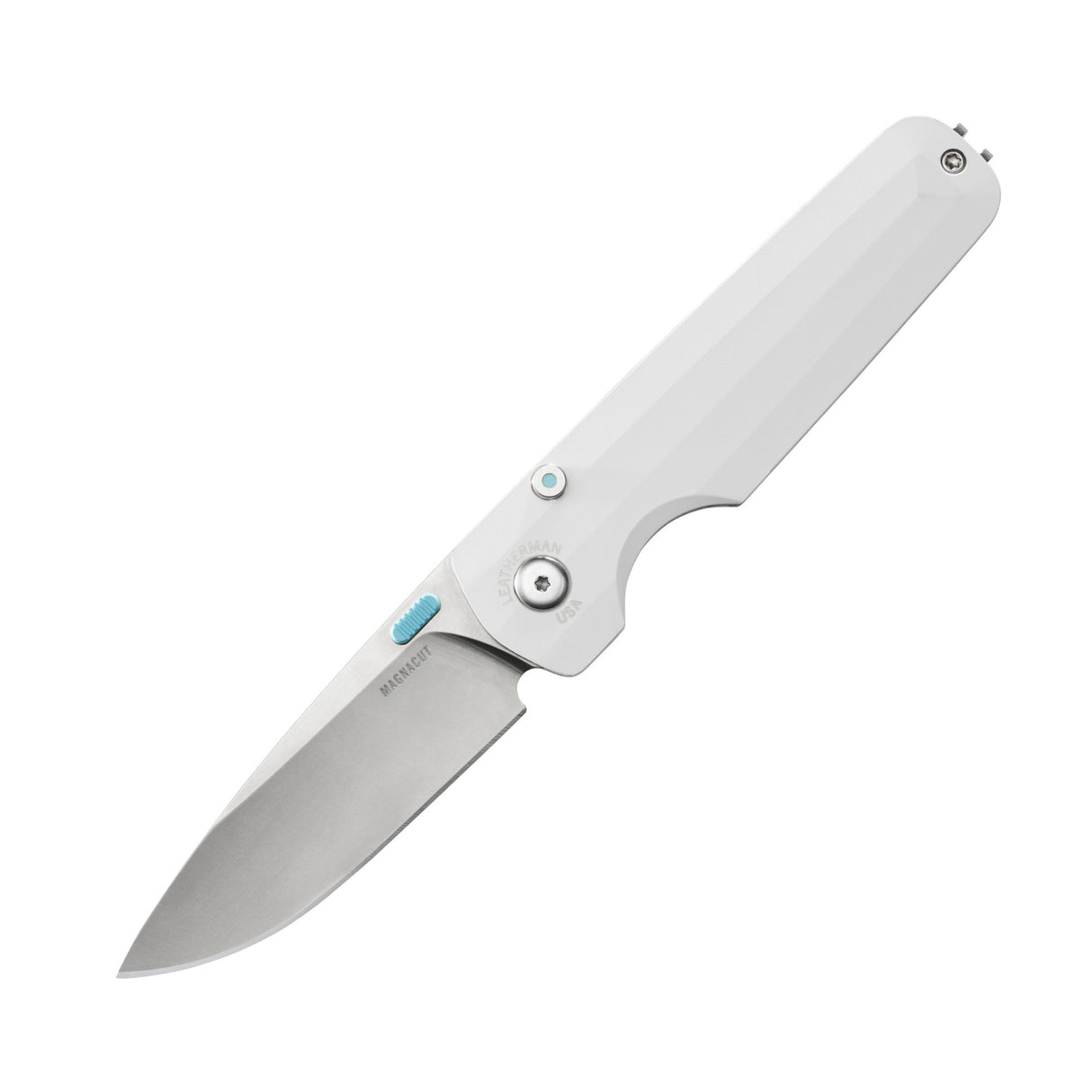 Translation missing: en.Leatherman Blazer Alpine folding knife shown open with a white handle, stainless steel blade, and visible pivot hardware, displayed on a white background