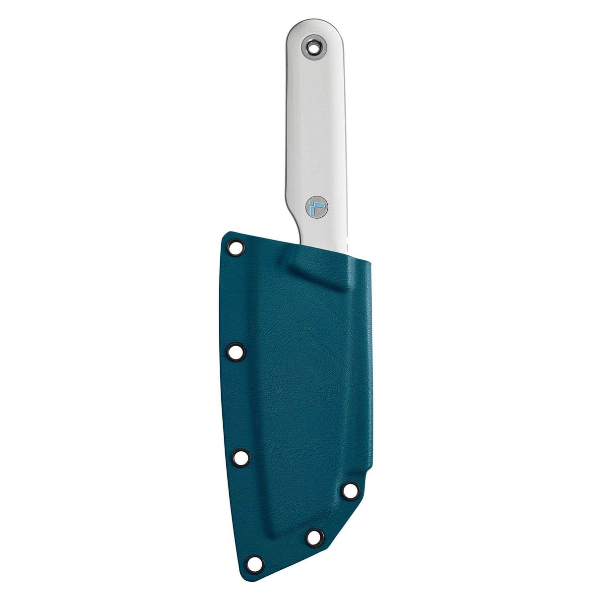 Alpine Leatherman Rustle knife inserted into a teal Kydex sheath, showing the alpine handle and logo against a white background.
