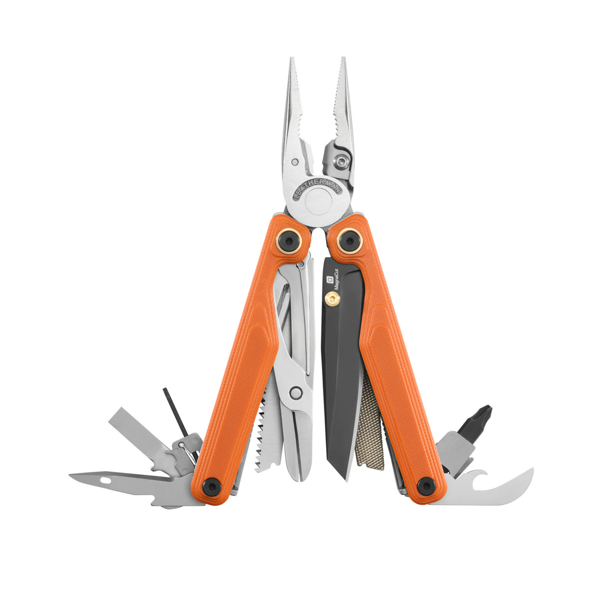 Leatherman Wave® Alpha Canyonland multi-tool fully opened with pliers, knife, saw, file, and bit driver extended.