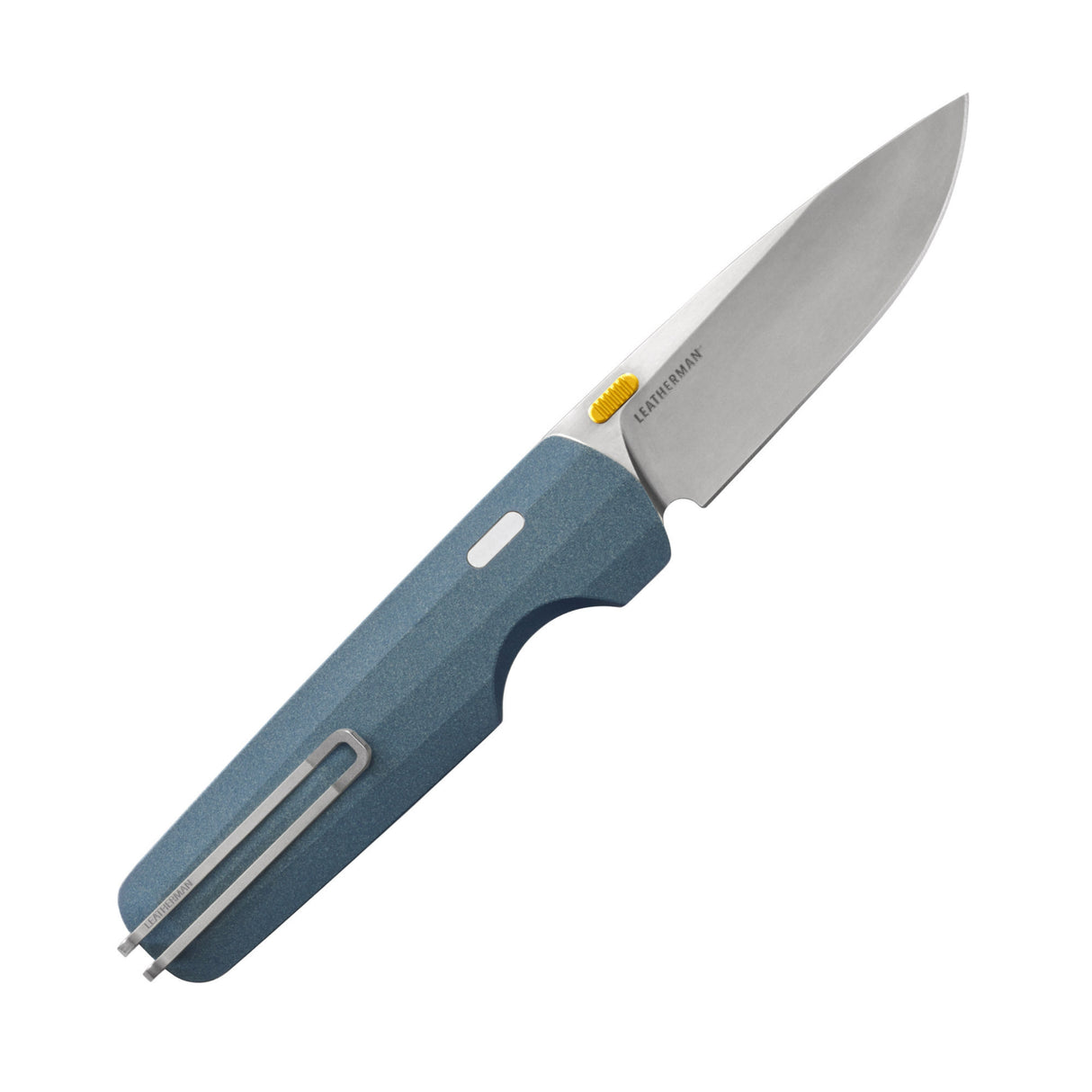 Translation missing: en.Leatherman Blazer Denim folding knife with a blue textured handle, stainless steel blade, and yellow thumb stud, shown open on a white background