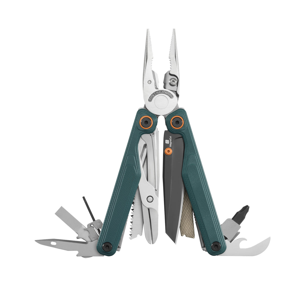Translation missing: en.Leatherman Wave® Alpha Cascadia multi-tool fully opened with pliers, knife, saw, file, and bit driver extended