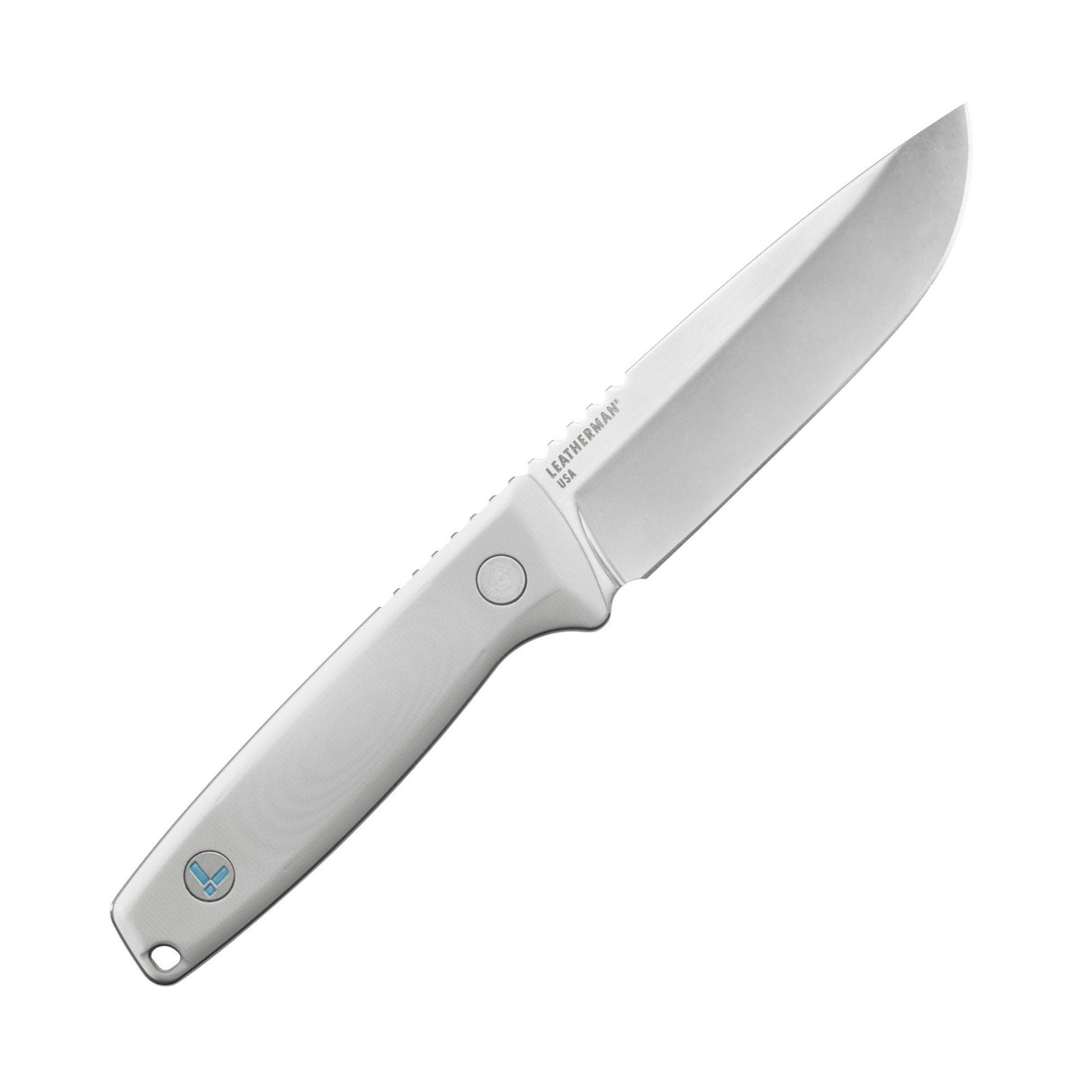 Leatherman Trac Alpine fixed-blade knife with a stainless steel drop point blade and smooth white handle featuring the Leatherman logo, displayed on a white background.