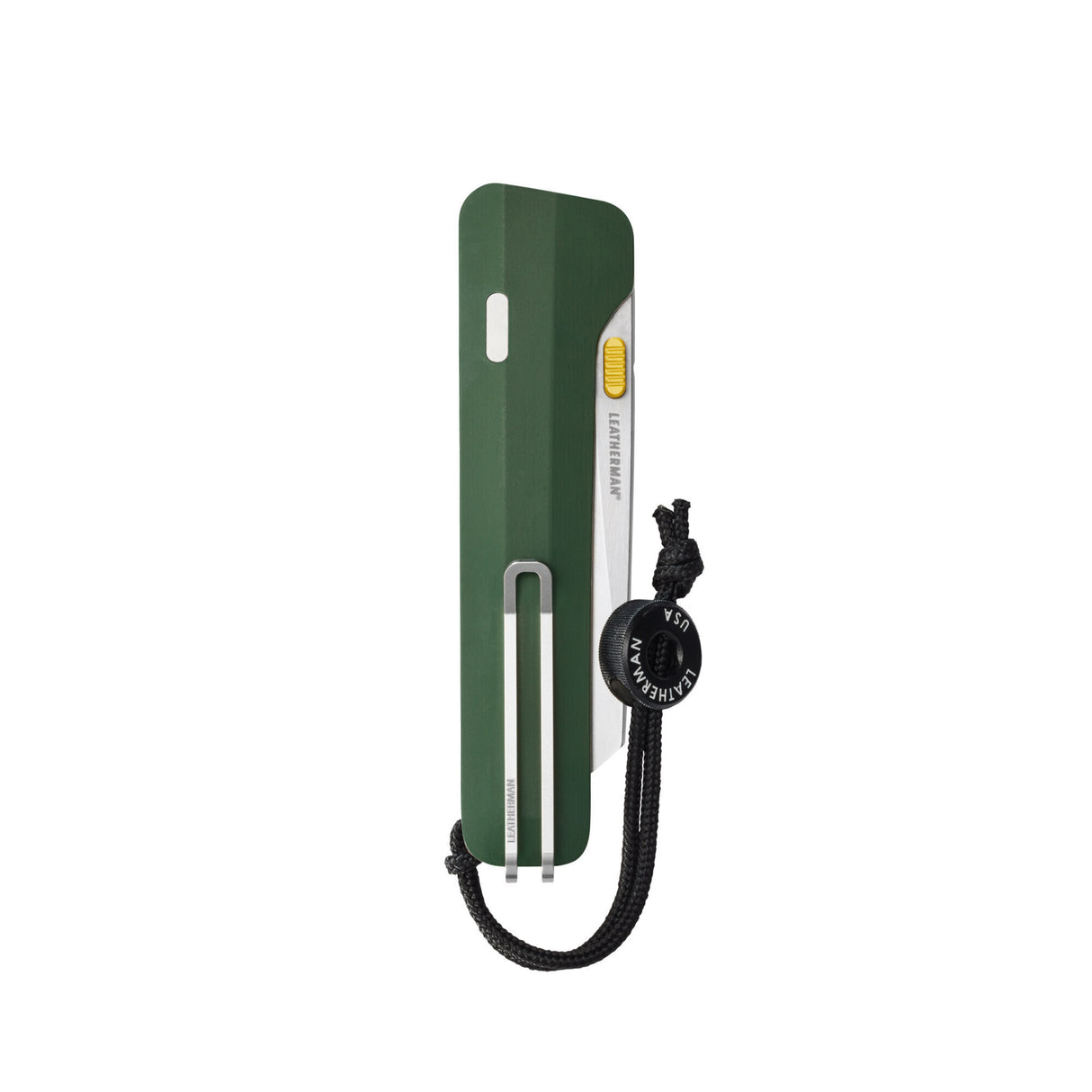 Translation missing: en.Leatherman Glider folding knife with Okra textured handle, stainless steel blade, and yellow thumb stud, shown close on a white background