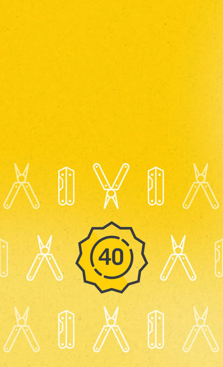 Yellow background with multi-tools and a badge highlighting 40 years of excellence in craftsmanship.