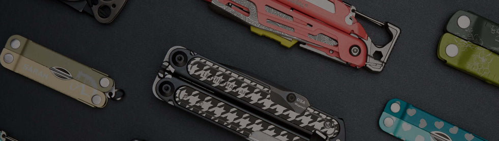 Customized Leatherman tools in various colors and designs, showcasing versatility and craftsmanship.