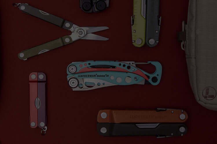 A collection of Leatherman multitools and tool pouches displayed on a red background, showcasing various designs and features.