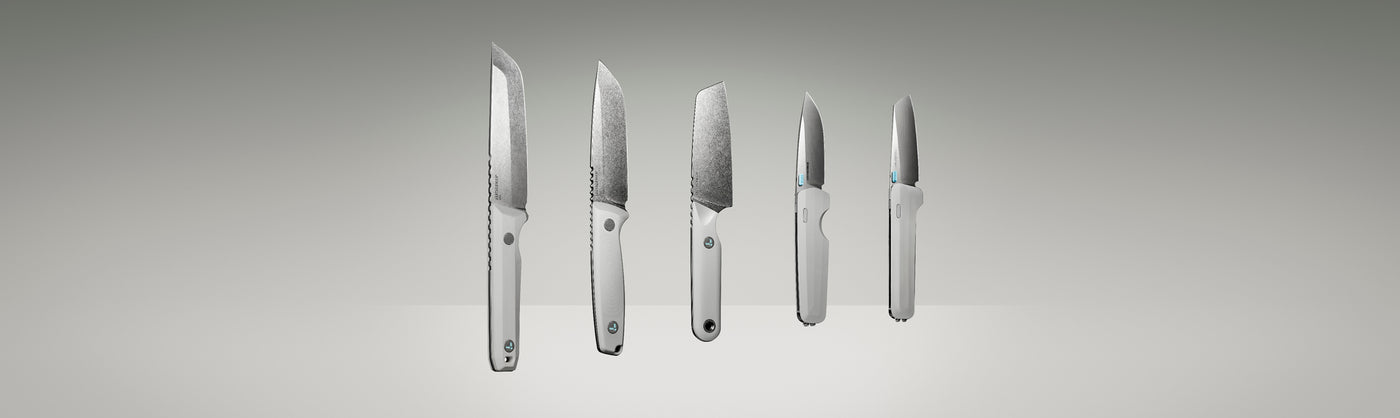 Translation missing: en.Product display image featuring five Leatherman knives in a clean, gradient-lit studio setting. The lineup includes various blade styles and handle orientations, all in a matching alpine white colorway, showcasing both profile and edge-on views to highlight the craftsmanship and design variations