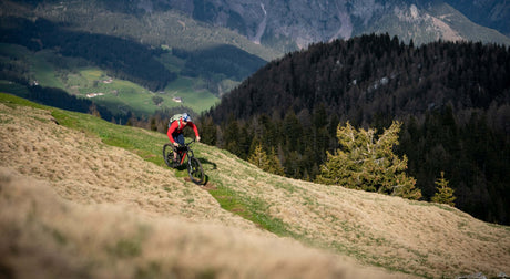 Translation missing: en.Mountain biker riding on a trail with scenic mountain views and lush greenery in the background