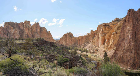 Translation missing: en.Breathtaking view of Smith Rock State Park, showcasing cliffs and winding river under a bright blue sky