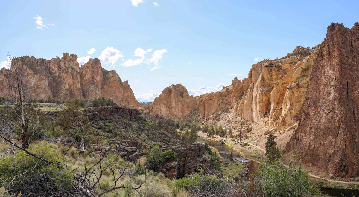Breathtaking view of Smith Rock State Park, showcasing cliffs and winding river under a bright blue sky.
