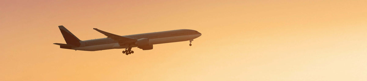 Airplane flying against a sunset sky, capturing the essence of travel and adventure.