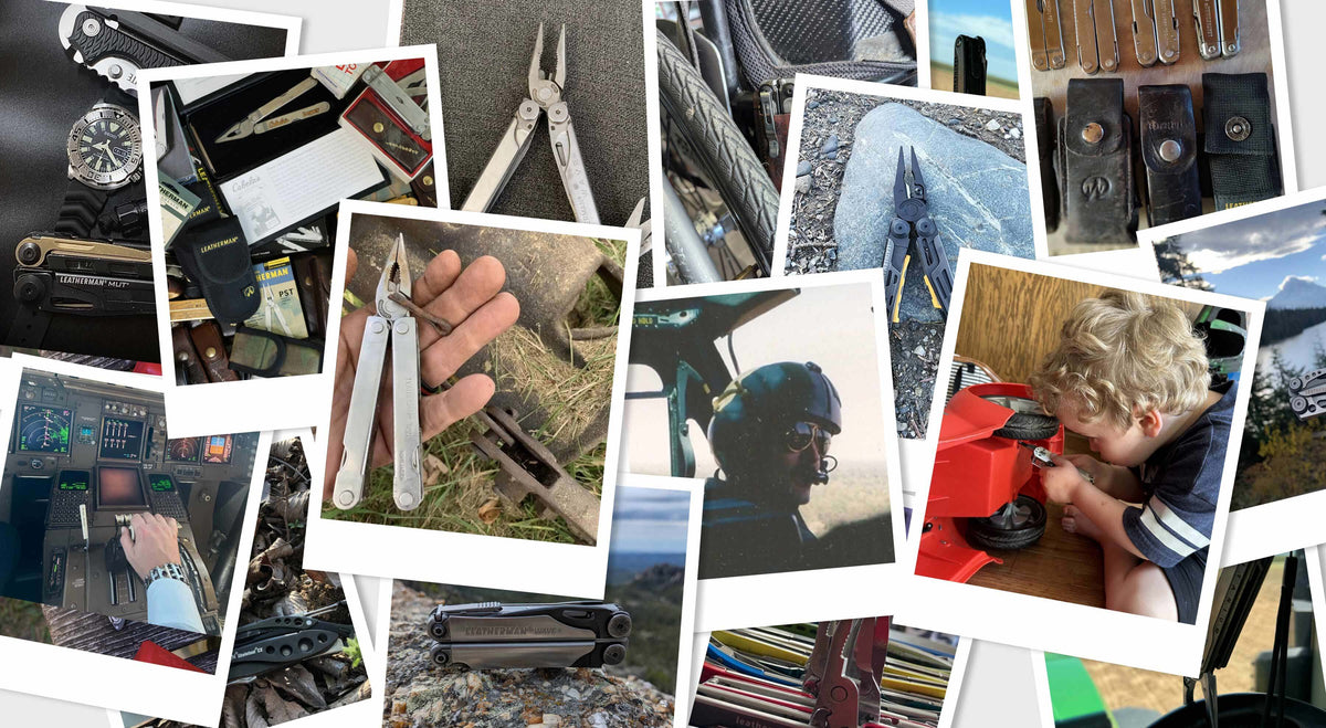Collage of outdoor activities featuring Leatherman tools, showcasing hands-on use and exploration in various environments.