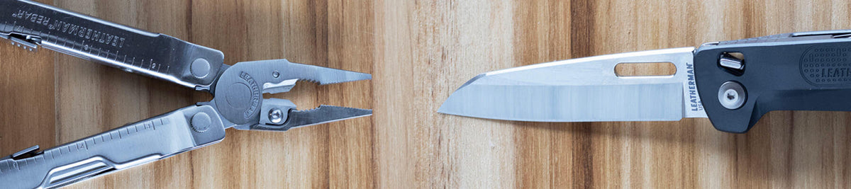 Stainless steel Leatherman Rebar® multi-tool and Leatherman FREE® knife on a wooden surface.