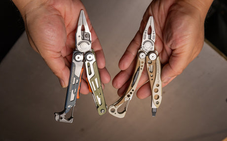 Translation missing: en.Two hands holding a Leatherman Signal and Leatherman Skeletool CX side by side in pliers position