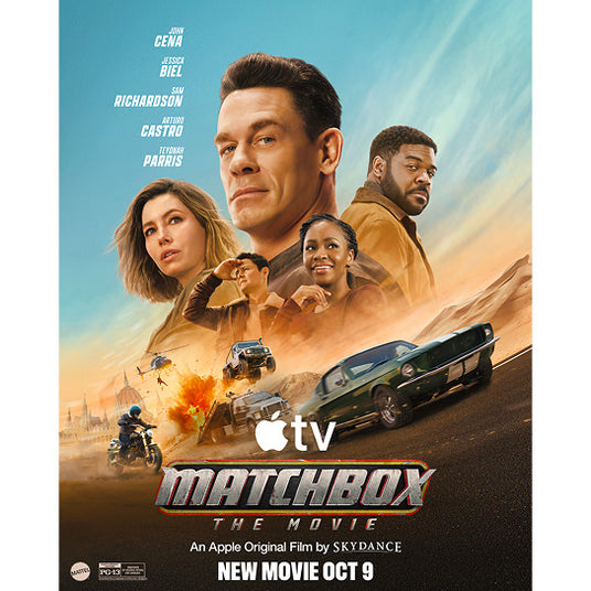Translation missing: en.Official movie poster for 'Matchbox: The Movie' with action car scenes and an Apple TV logo. Streams October 9