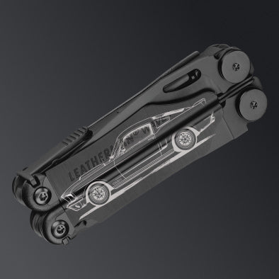 A Black Leatherman Wave Plus multi-tool customized with a cool car graphic.