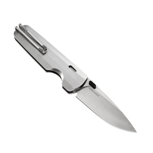 Translation missing: en.Leatherman Blazer Stainless Steel folding knife shown open at an angle with a brushed metal handle, deep-carry pocket clip, and stainless steel blade, displayed on a white background