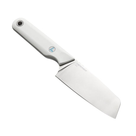 Translation missing: es.Leatherman Rustle Alpine knife, highlighting the logo on the white handle and the wide blade, set against a white backdrop