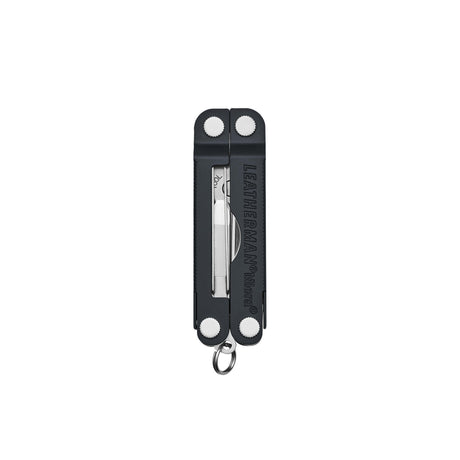 Translation missing: es.Jet Black Leatherman Micra® multi-tool closed, showcasing the tweezers and Leatherman brand on one handle