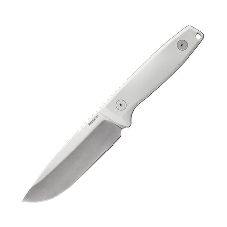 Translation missing: es.Leatherman Trac Alpine fixed-blade knife with a stainless steel drop point blade and smooth white handle, displayed in full profile on a white background