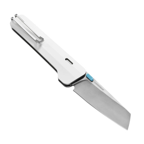 Translation missing: es.Leatherman Glider folding knife with alpine textured handle, stainless steel blade, and light blue thumb stud, shown open on a white background
