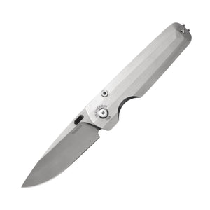 Translation missing: en.Leatherman Blazer Stainless Steel folding knife shown open with a brushed metal handle, stainless steel blade, and visible pivot hardware, displayed on a white background