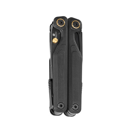 Translation missing: en.Leatherman Wave® Alpha Obsidian multi-tool folded closed, showcasing sleek black handles with gold hardware accents