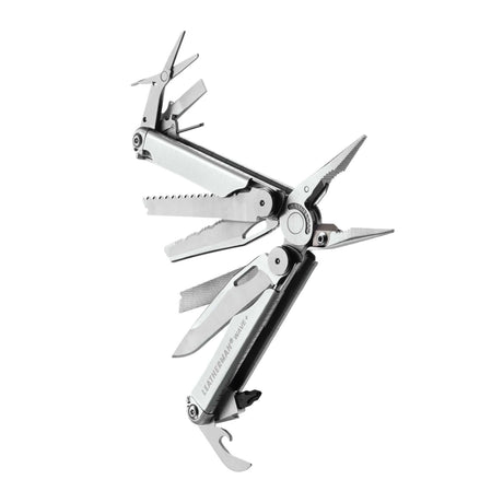Translation missing: es.Stainless steel Leatherman Wave® Plus multitool beauty image showing the various tools and features
