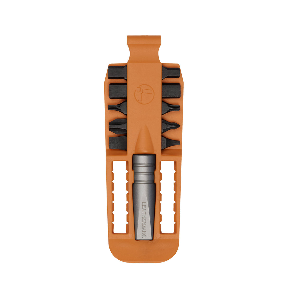 Translation missing: en.Orange Leatherman bit kit holder with multiple interchangeable screwdriver black bits arranged on both sides, and a silver extender, featuring the Leatherman logo embossed in the center