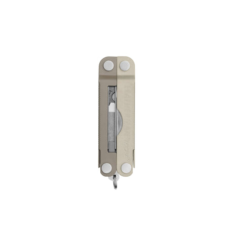 Translation missing: es.Winter Fog Leatherman Micra® multi-tool closed, showcasing the tweezers and Leatherman brand on one handle
