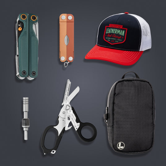 Translation missing: en.Assortment of Leatherman products including a Wave Alpha multi-tool in Cascade green, Micra multi-tool in Pumpkin Spice orange, Leatherman Pacific Northwest trucker hat, Ratchet Driver, black Raptor Rescue shears, and black Tool Pouch