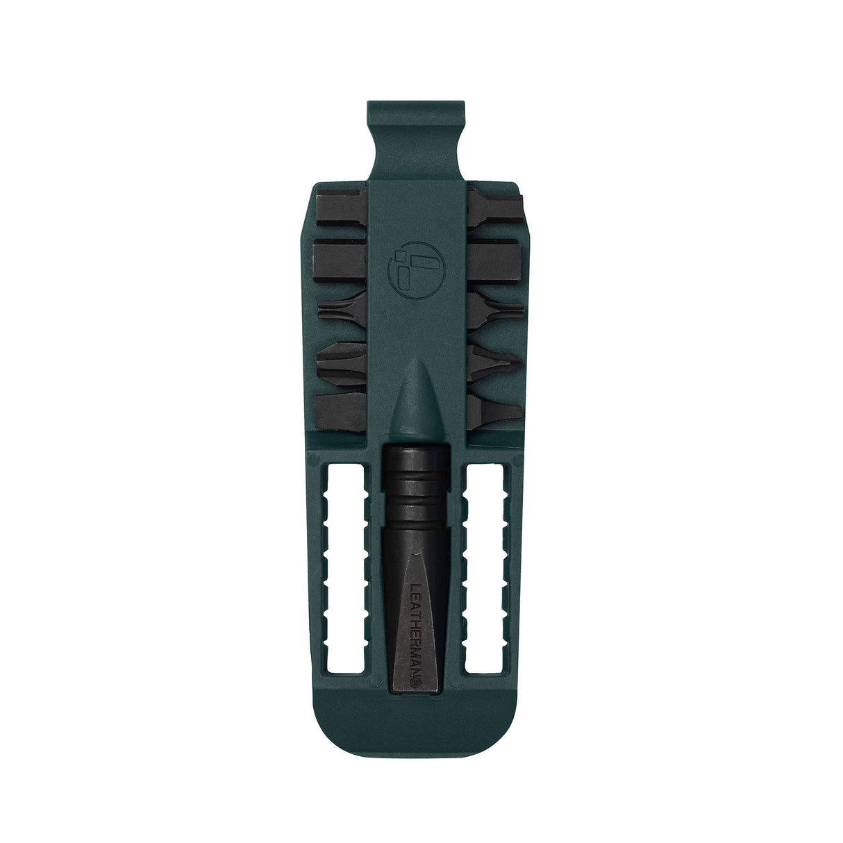 Translation missing: en.Forest Green Leatherman bit kit holder with multiple interchangeable screwdriver black bits arranged on both sides, and an extender, featuring the Leatherman logo embossed in the center