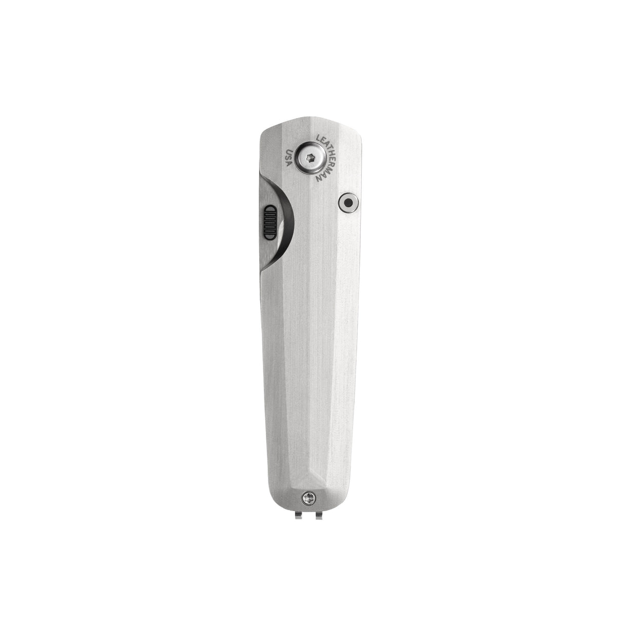 Translation missing: en.Leatherman Blazer Stainless Steel folding knife in closed position with brushed metal handle, visible pivot hardware and thumb slider, displayed on a white background