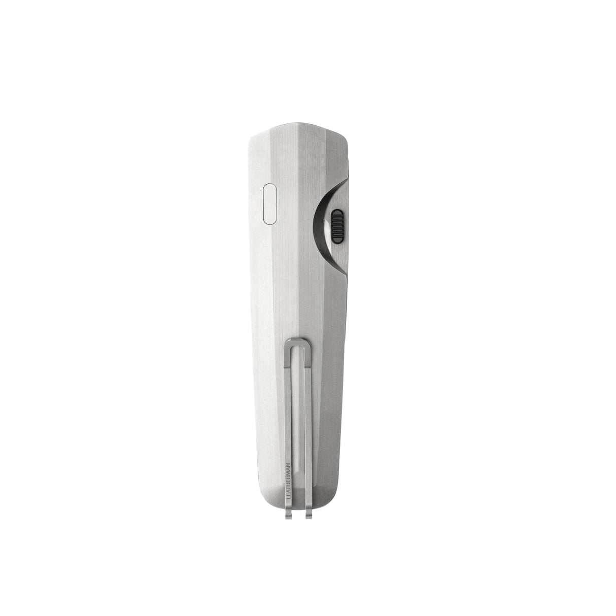 Translation missing: en.Leatherman Blazer Stainless Steel folding knife in closed position with a brushed metal handle, deep-carry pocket clip, and visible thumb slider, displayed on a white background