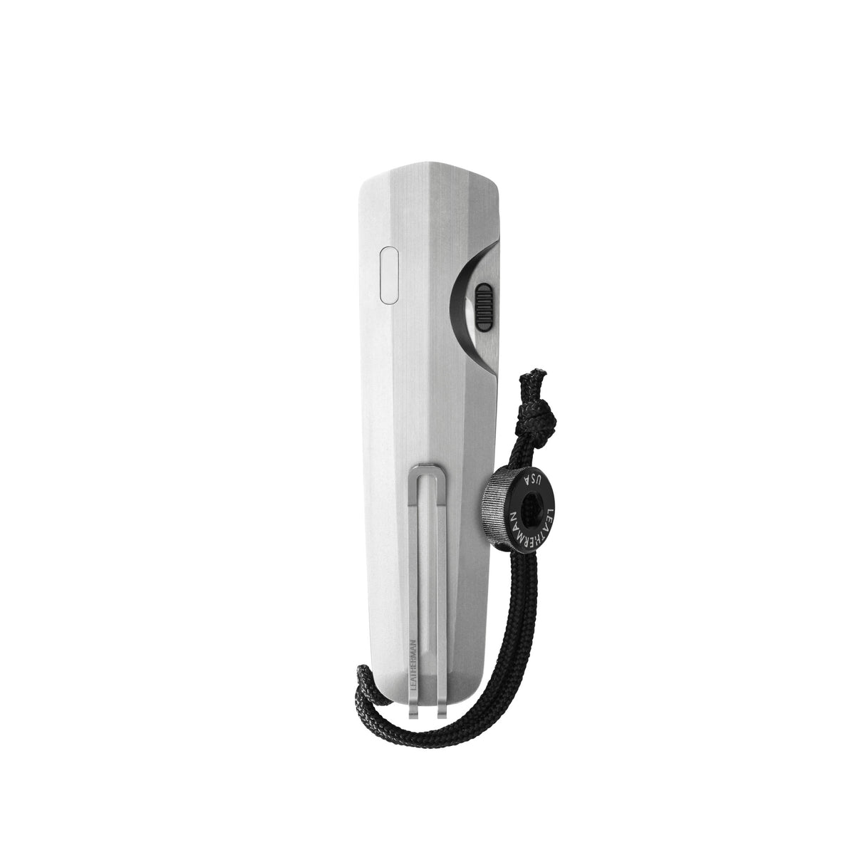 Translation missing: en.Leatherman Blazer Stainless Steel folding knife in closed position with brushed metal handle, deep-carry pocket clip, visible thumb slider, and attached black lanyard with branded bead, displayed on a white background