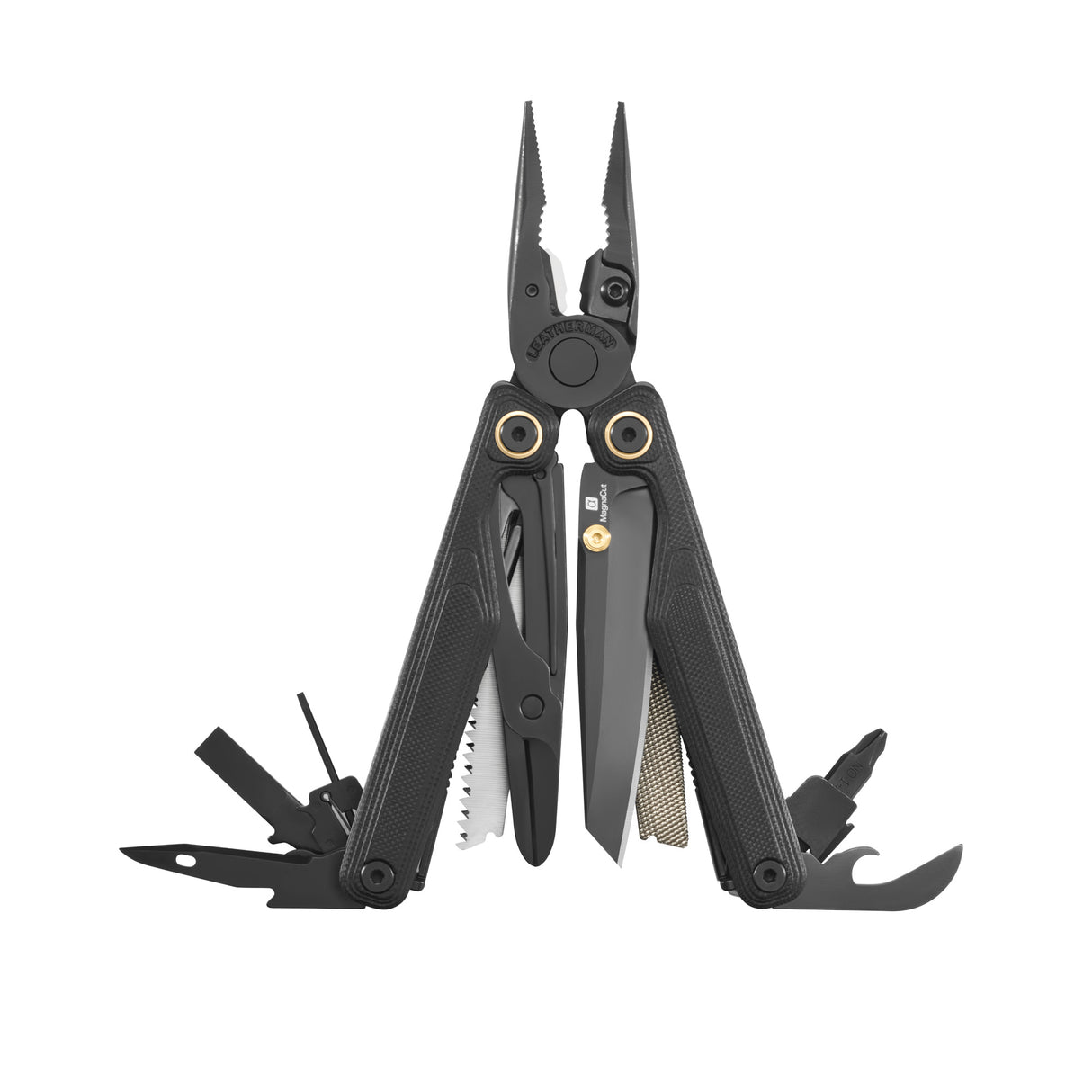 Translation missing: en.Obsidian Leatherman Wave® Alpha multi-tool opened showcasing the many tools and features included