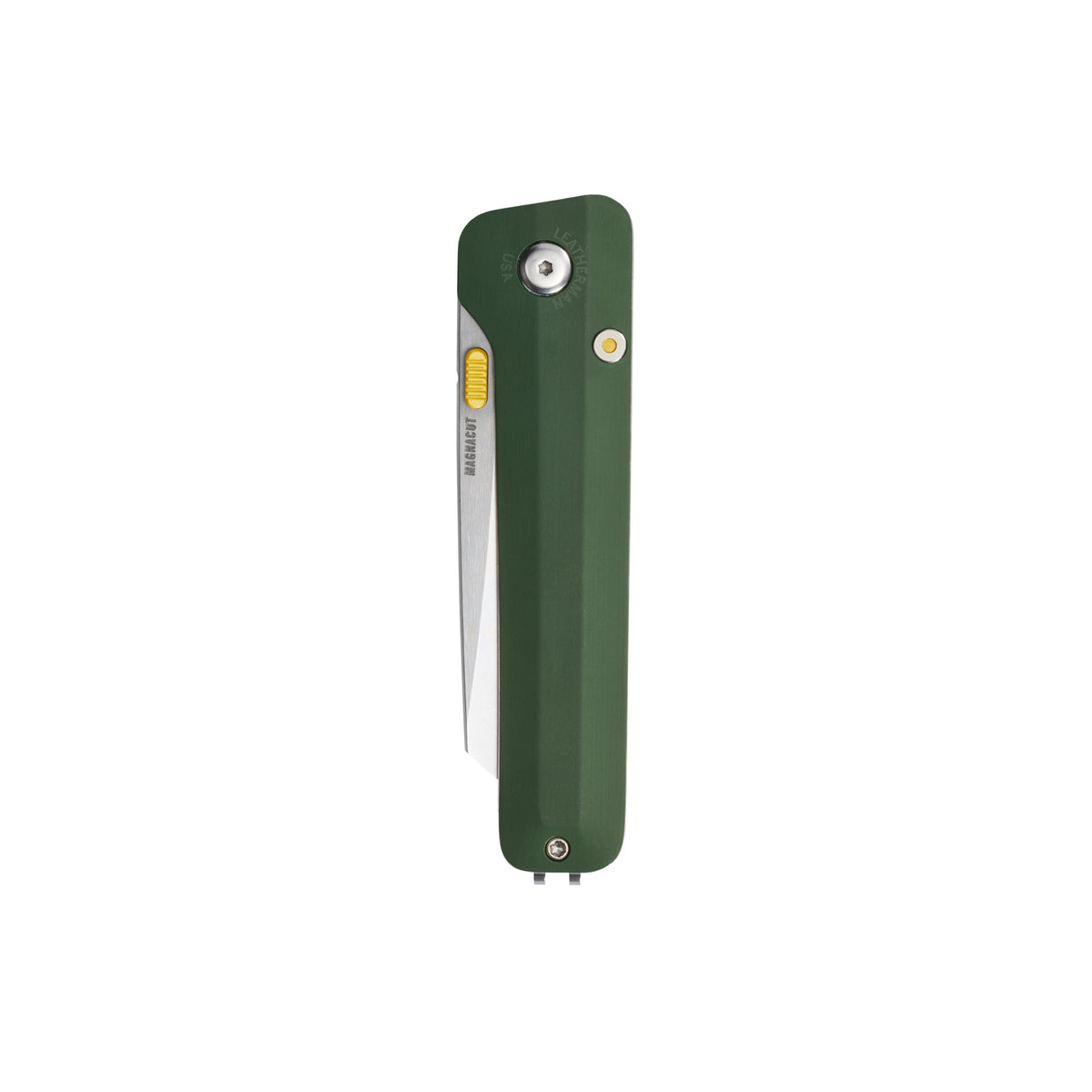 Translation missing: en.Leatherman Glider folding knife with Okra textured handle, stainless steel blade, and yellow thumb stud, shown close on a white background