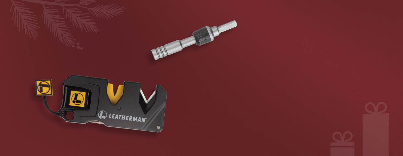 Translation missing: en.Leatherman blade sharpener and ratchet driver are presented, illustrating various styles and tools for multifunctional purposes
