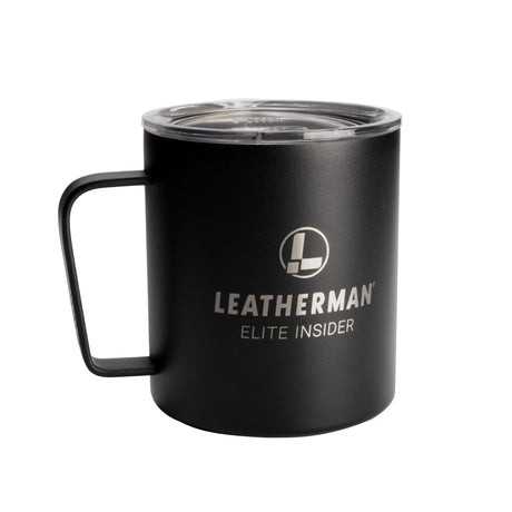 Translation missing: en.Black powder coated mug with "Leatherman Elite Insider" laser cut into the side