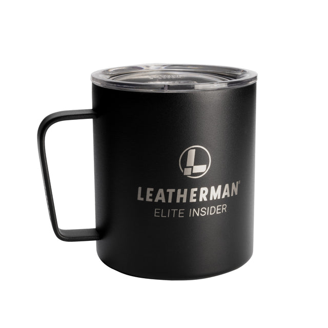 Translation missing: en.Black powder coated mug with "Leatherman Elite Insider" laser cut into the side
