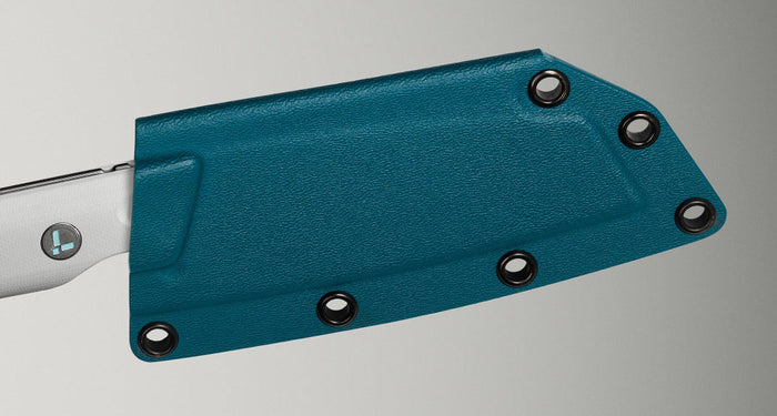 Translation missing: en.Close-up of a knife encased in a teal Kydex sheath showcasing its textured surface and securing holes for safety and storage