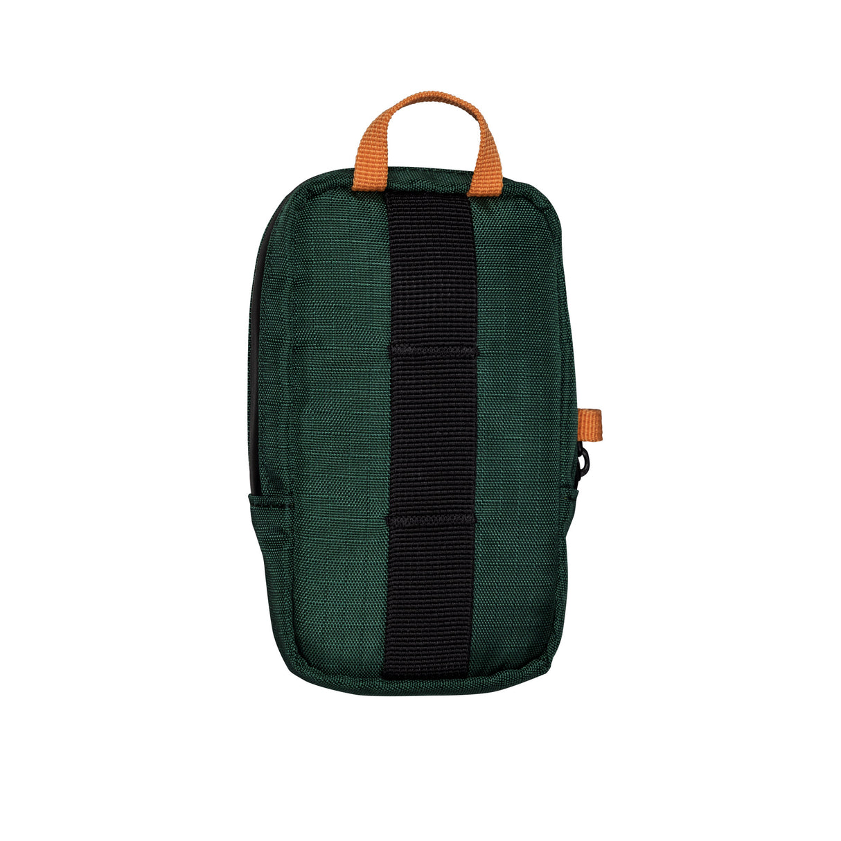 Translation missing: en.Rear view of a Leatherman Tool Pouch in Hunter color, featuring a dark green fabric body with a black vertical webbing strap, an orange top handle, and a side accent loop for versatile carrying or attachment options