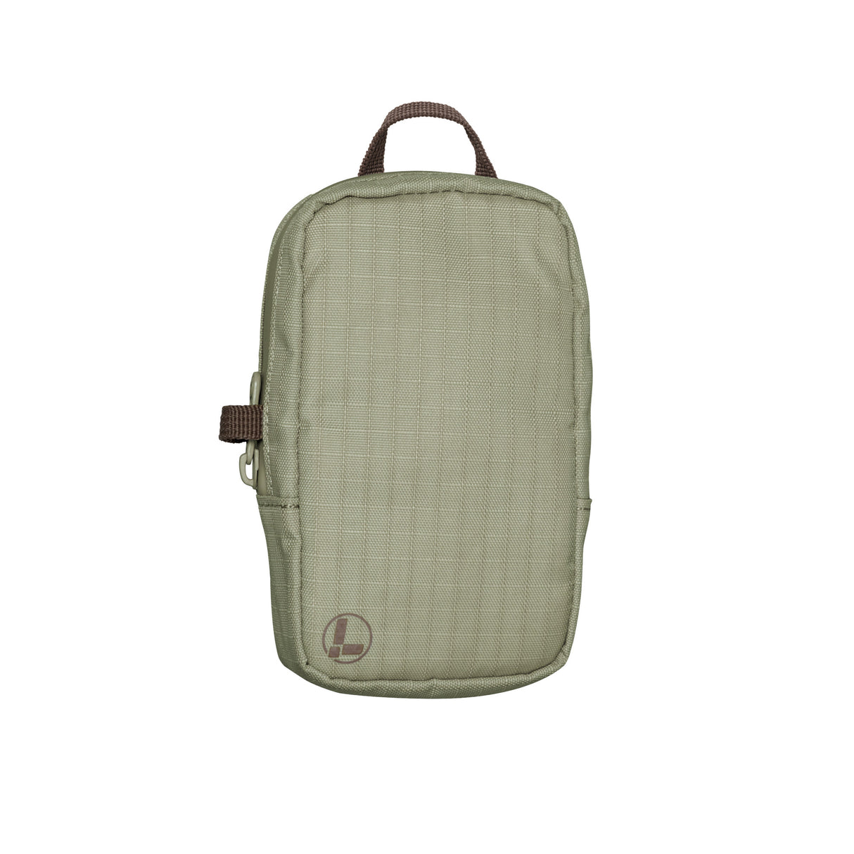 Translation missing: en.A Leatherman Tool Pouch in a Mossy Fog color, featuring a minimalist rectangular design with a grid-patterned fabric texture, a brown top loop for carrying, and a side zipper with a pull tab. The pouch is adorned with a subtle Leatherman logo in the lower left corner