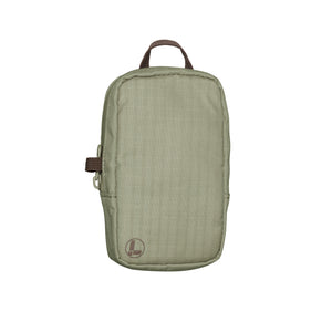 Translation missing: en.A Leatherman Tool Pouch in a Mossy Fog color, featuring a minimalist rectangular design with a grid-patterned fabric texture, a brown top loop for carrying, and a side zipper with a pull tab. The pouch is adorned with a subtle Leatherman logo in the lower left corner