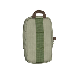 Translation missing: en.Rear view of a Leatherman Tool Pouch in a Mossy Fog color, showcasing its durable, textured grid-patterned fabric, a brown carry loop at the top, and a vertical green MOLLE-compatible strap stitched securely down the center for versatile attachment options