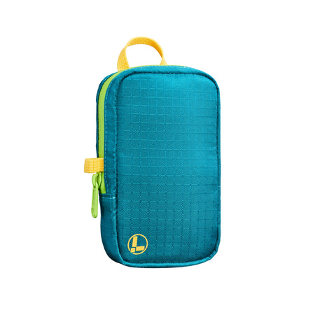 Translation missing: en.A Leatherman Tool Pouch in Teal Twist color, featuring a teal fabric with a yellow top handle and accent loop, and the Leatherman logo printed in orange near the bottom corner