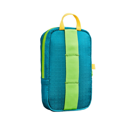 Translation missing: en.Rear view of a Leatherman Tool Pouch in Teal Twist color, featuring a teal fabric body with a mojito vertical webbing strap, a yellow top handle, and a side accent loop for versatile carrying or attachment options