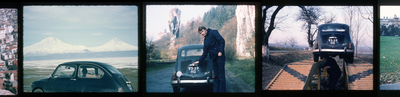 A series of four vintage photos featuring a classic car in various scenic locations, including mountains and a park.